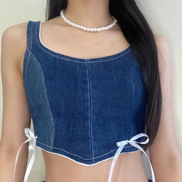 Super cute denim hand made sewn corset top with a lace back. White ribbon, bows - Picture 1 of 4